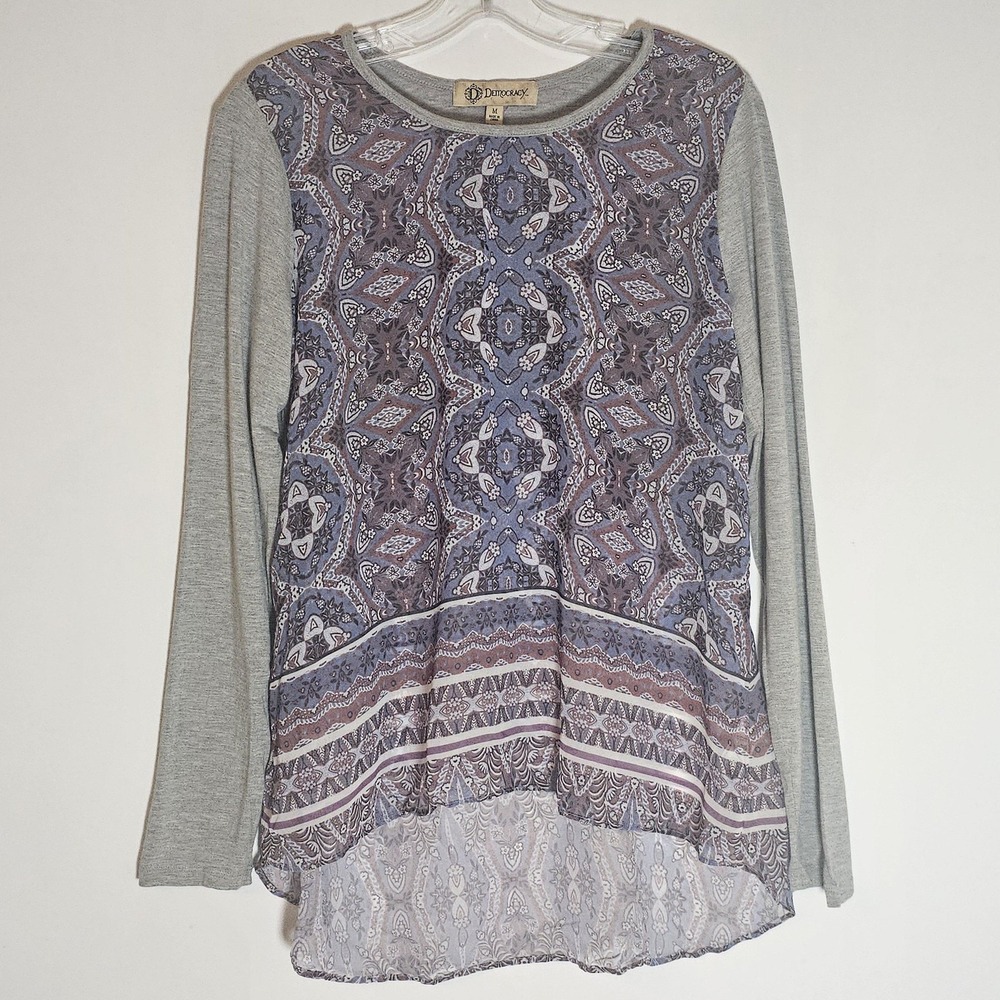 Democracy Top Womens Medium Gray Multi Sheer Knit High Low Hem Shirt Boho Office